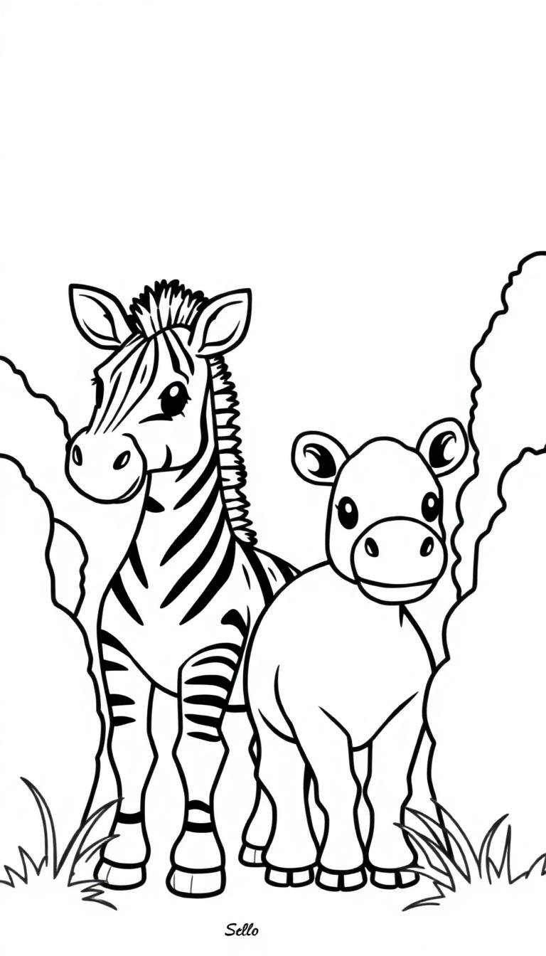Ein stilisiertes Zebra und ein Nilpferd in einer Schwarz-Weiß-Zeichnung für Kinder.