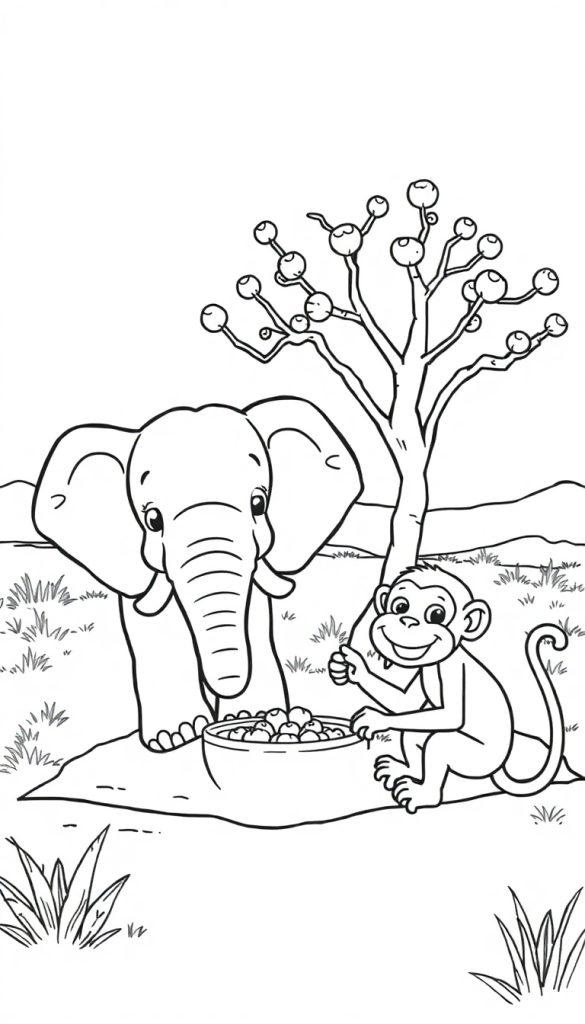Schwarz-weiße Cartoon-Zeichnung eines Elefanten, der neben einem Topf mit Früchten steht, und eines Affen, der eine Frucht isst, mit einem Baum im Hintergrund.