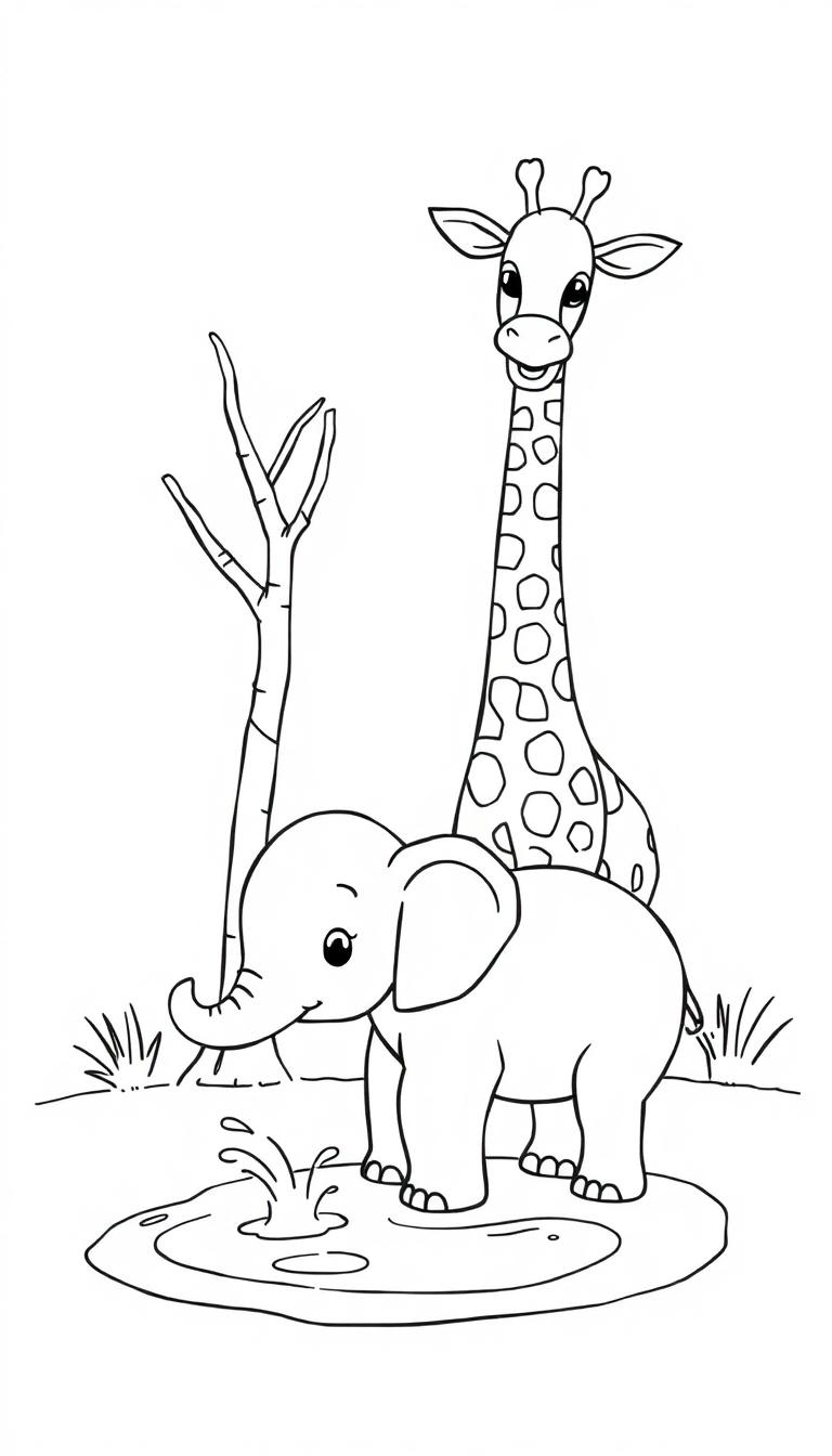 Schwarz-Weiß-Zeichnung eines Elefanten, der Wasser trinkt, mit einer Giraffe im Hintergrund und einem kahlen Baum auf der linken Seite.