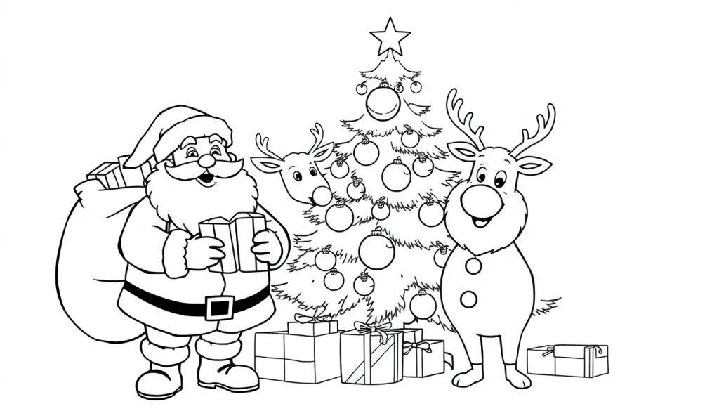 Schwarz-weiß Farbtafel von Santa Claus mit einem Geschenk und Rentieren vor einem geschmückten Weihnachtsbaum mit Geschenken, eine Farbvorlage.