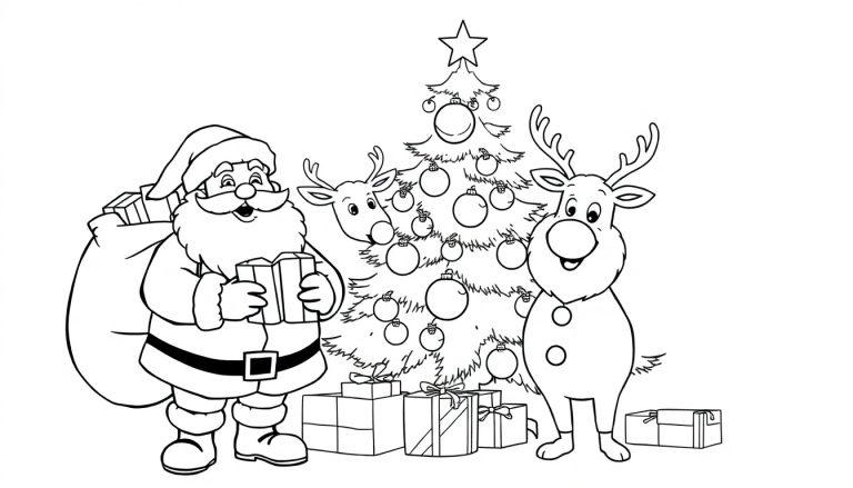 Schwarz-weiß Farbtafel von Santa Claus mit einem Geschenk und Rentieren vor einem geschmückten Weihnachtsbaum mit Geschenken, eine Farbvorlage.