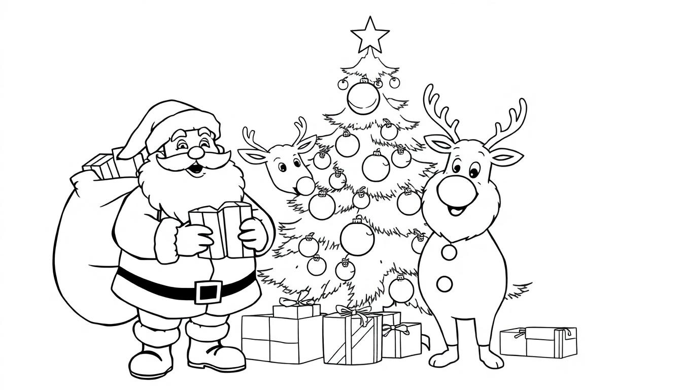 Schwarz-weiß Farbtafel von Santa Claus mit einem Geschenk und Rentieren vor einem geschmückten Weihnachtsbaum mit Geschenken, eine Farbvorlage.