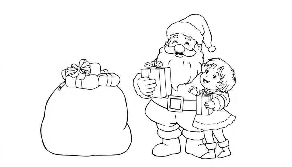Schwarz-Weiß-Farbtafel von Santa Claus und einem Kind, die Geschenke erhalten.