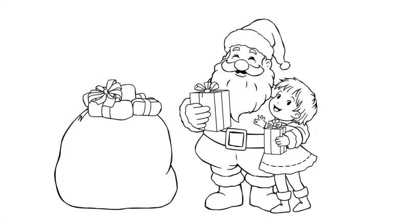 Schwarz-Weiß-Farbtafel von Santa Claus und einem Kind, die Geschenke erhalten.