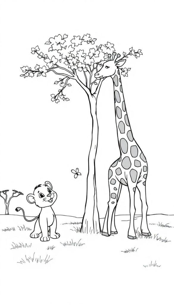 Cartoon von einem Löwenwelpen und einer Giraffe in der Savanne.