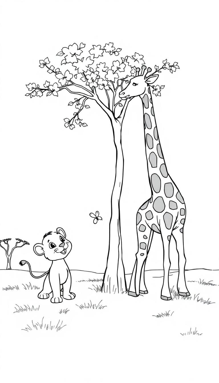 Cartoon von einem Löwenwelpen und einer Giraffe in der Savanne.