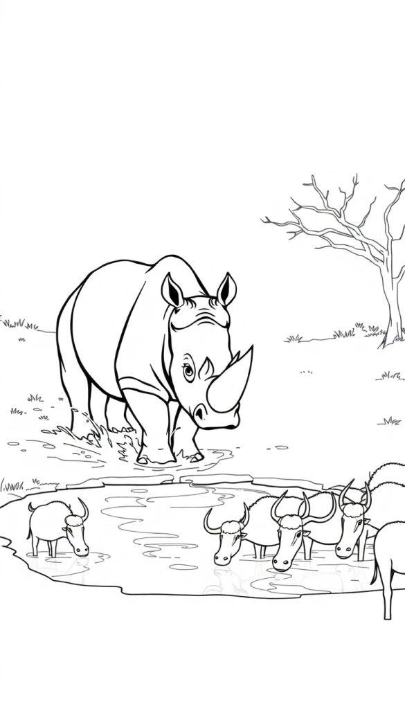 Eine Schwarzweiß-Illustration einer afrikanischen Savanne mit einem Nashorn und Wasserbüffeln im Wasser.