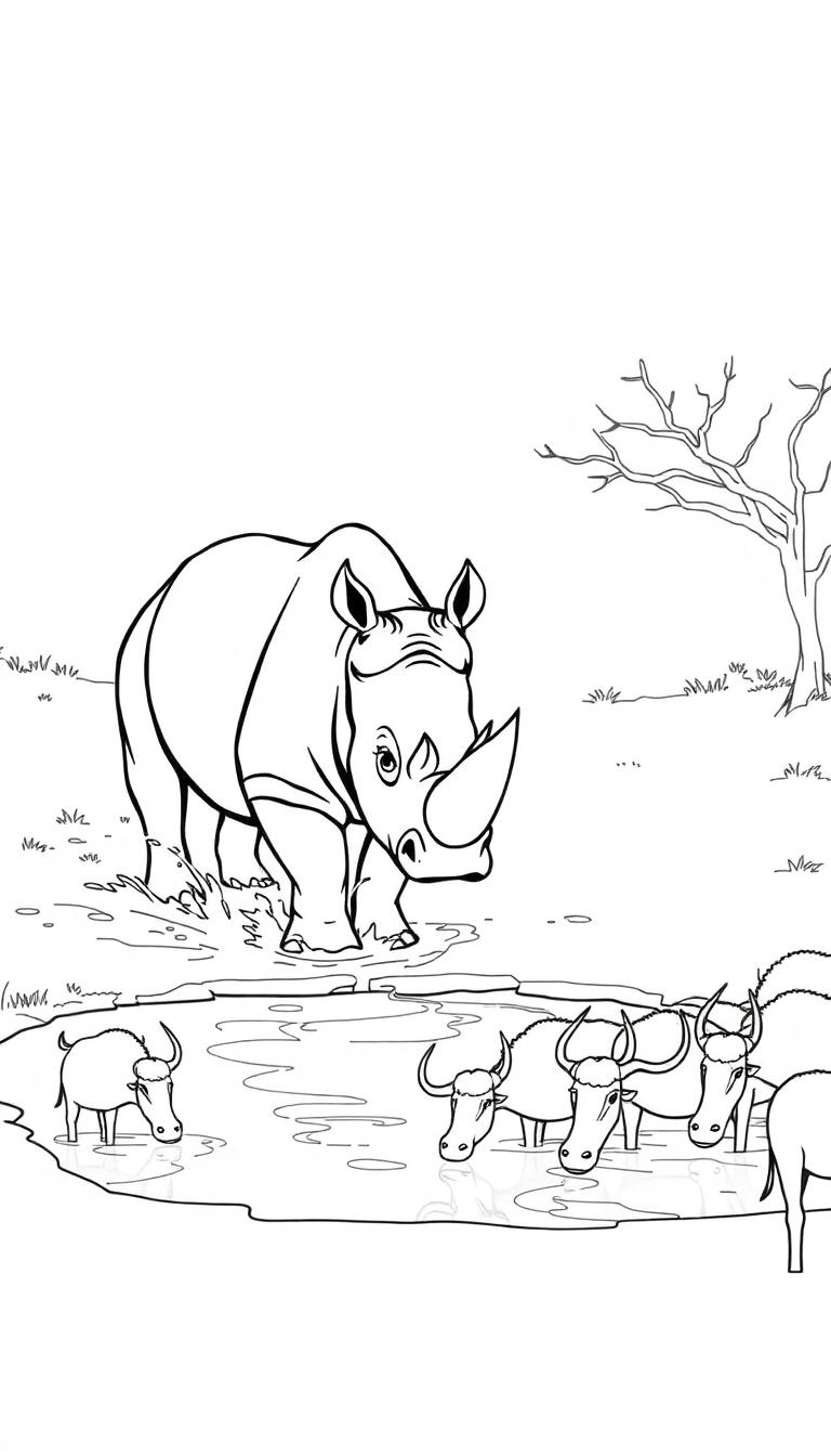 Eine Schwarzweiß-Illustration einer afrikanischen Savanne mit einem Nashorn und Wasserbüffeln im Wasser.