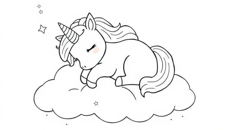 Schwarz-weiße Farbtafel: Cartoon-Einhorn schläft auf einer Wolke mit Sternen.
