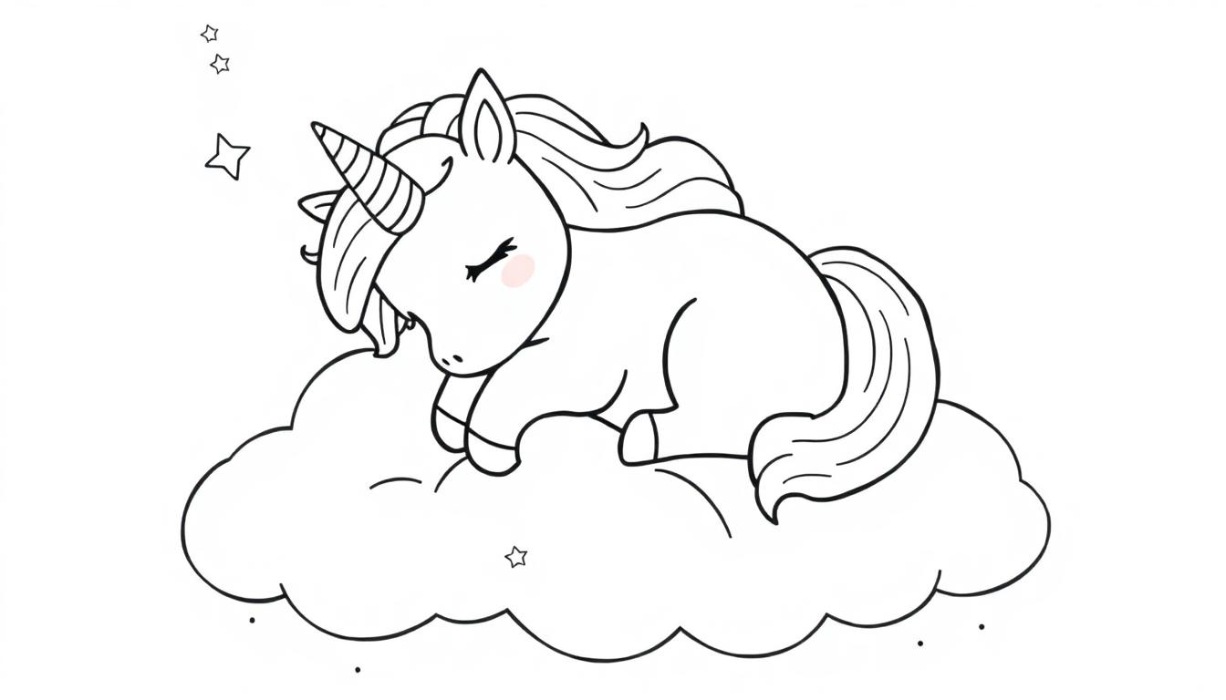 Schwarz-weiße Farbtafel: Cartoon-Einhorn schläft auf einer Wolke mit Sternen.