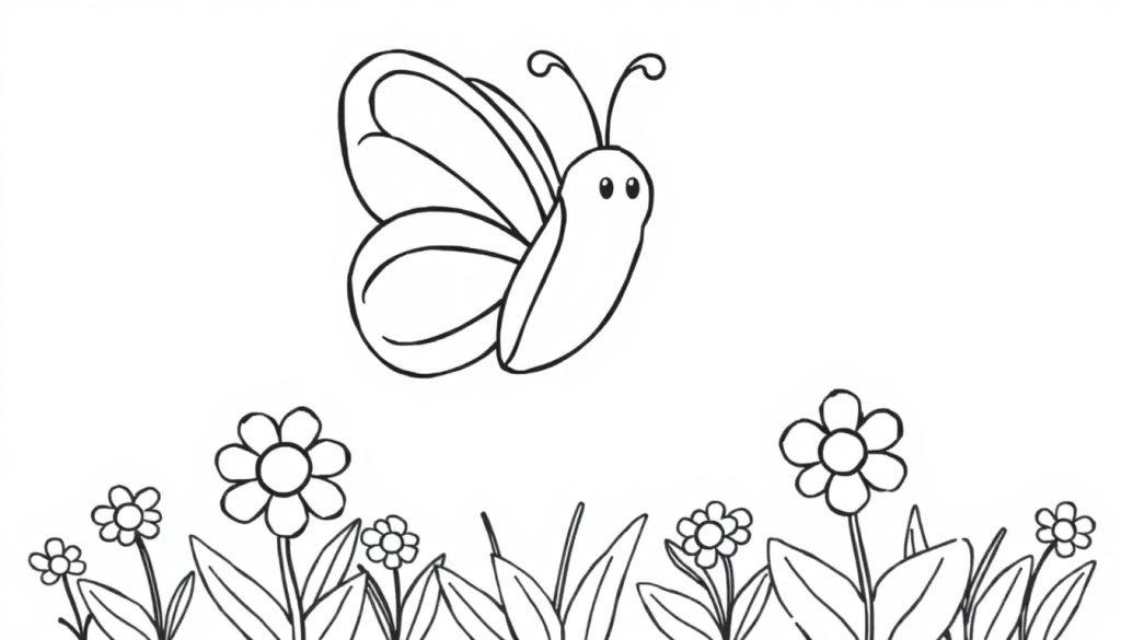 Schwarz-weiße Farbtafel eines Schmetterlings über Blumen.
