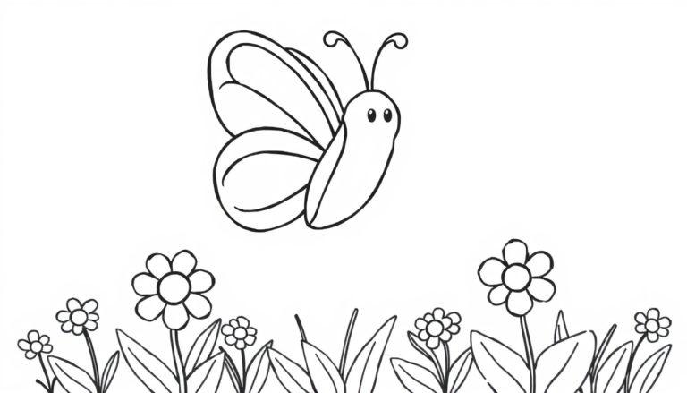 Schwarz-weiße Farbtafel eines Schmetterlings über Blumen.