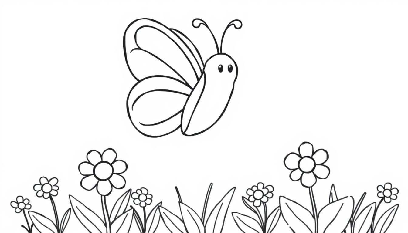 Schwarz-weiße Farbtafel eines Schmetterlings über Blumen.