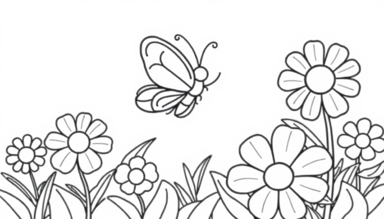 Schwarz-weiße Farbtafel eines Schmetterlings über Gänseblümchen.