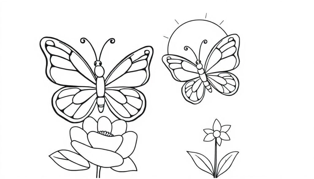 Schwarz-Weiß-Farbtafel von zwei niedlichen Schmetterlingen mit großen Flügeln auf Blumen sitzend, mit Sonne im Hintergrund.