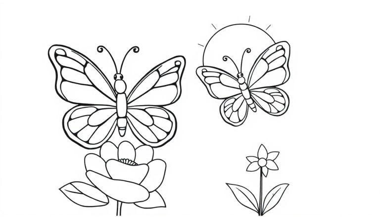 Schwarz-Weiß-Farbtafel von zwei niedlichen Schmetterlingen mit großen Flügeln auf Blumen sitzend, mit Sonne im Hintergrund.
