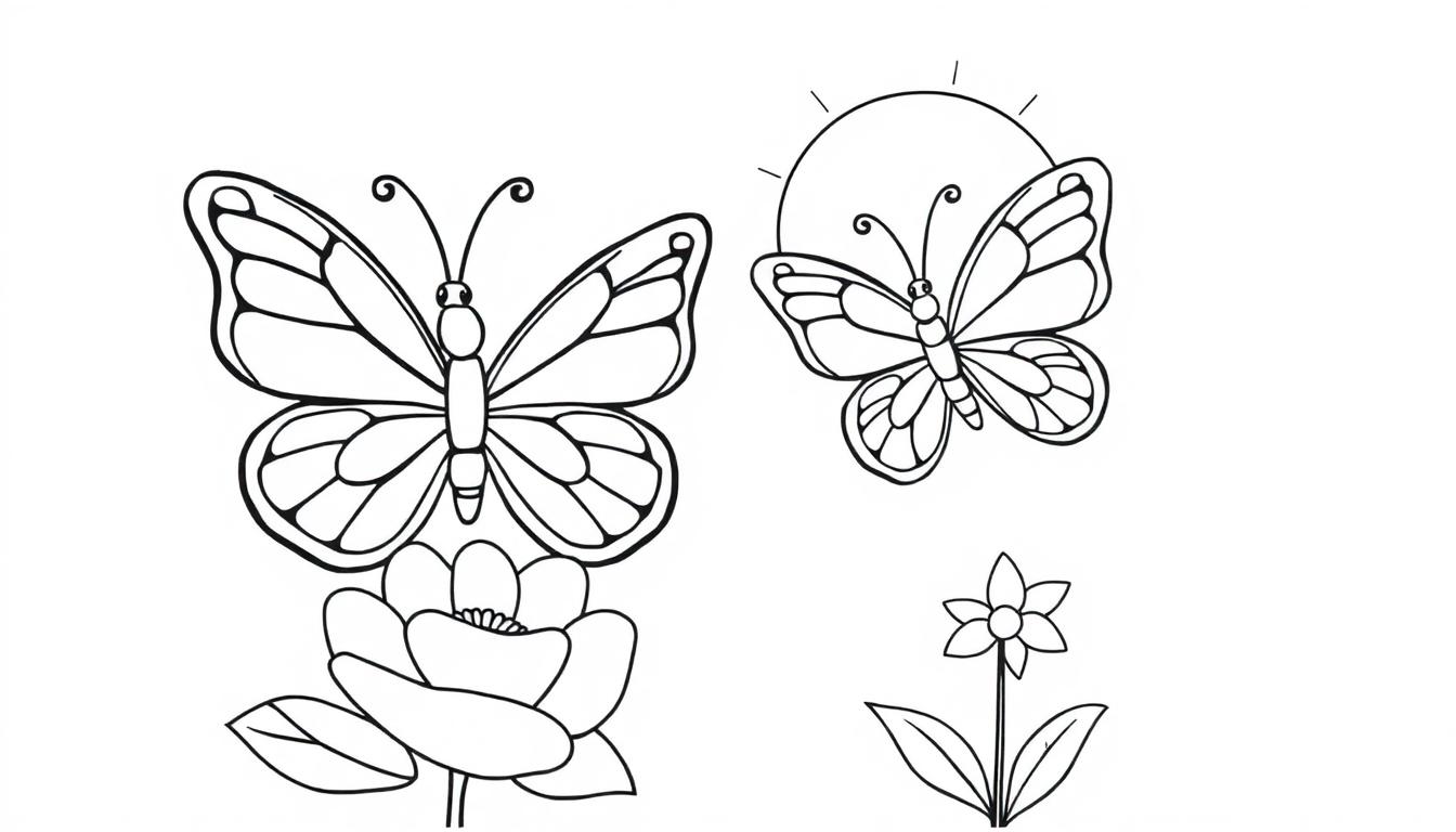 Schwarz-Weiß-Farbtafel von zwei niedlichen Schmetterlingen mit großen Flügeln auf Blumen sitzend, mit Sonne im Hintergrund.
