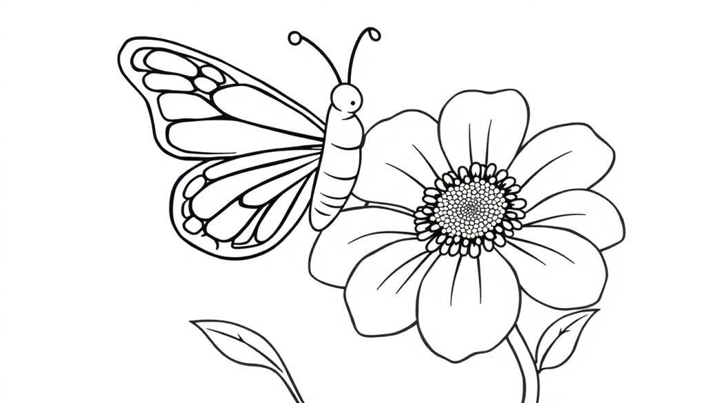 Schwarz-weiße Farbtafel eines Schmetterlings auf einer Blume.