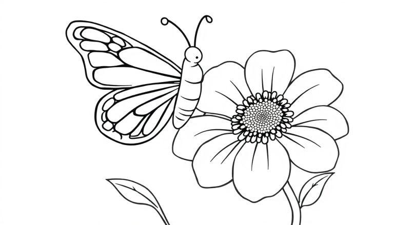 Schwarz-weiße Farbtafel eines Schmetterlings auf einer Blume.