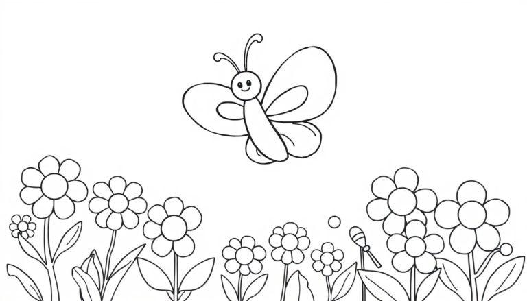 Schwarz-weiße Farbtafel eines lächelnden Schmetterlings, der über einer Blumenwiese fliegt.