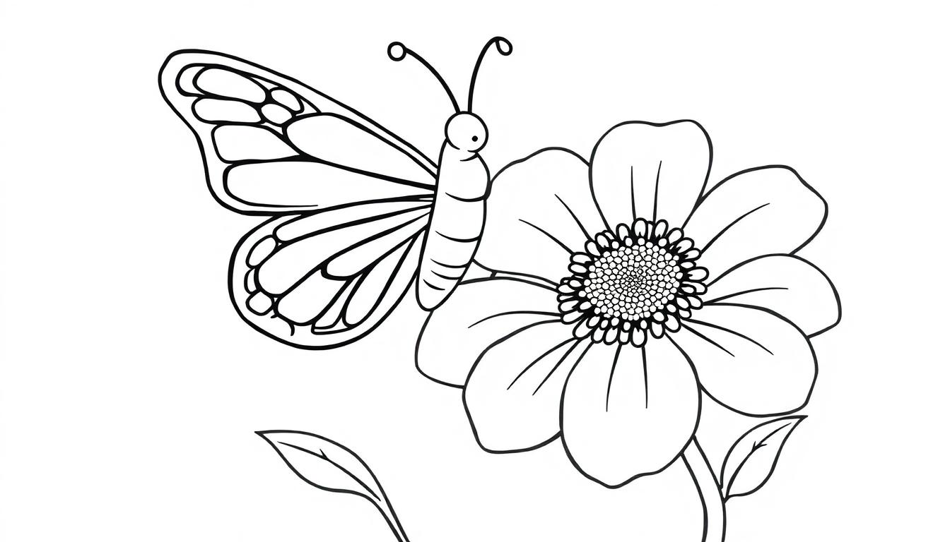Schwarz-weiße Farbtafel eines Schmetterlings auf einer Blume.