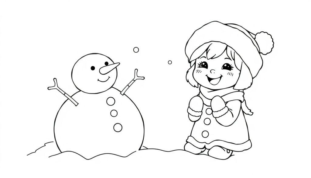 Eine Schwarz-Weiß-Farbtafel eines Schneemanns und eines kleinen Mädchens im Schnee, die sich anlächeln.