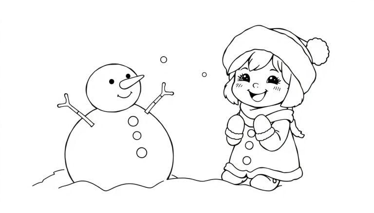 Eine Schwarz-Weiß-Farbtafel eines Schneemanns und eines kleinen Mädchens im Schnee, die sich anlächeln.