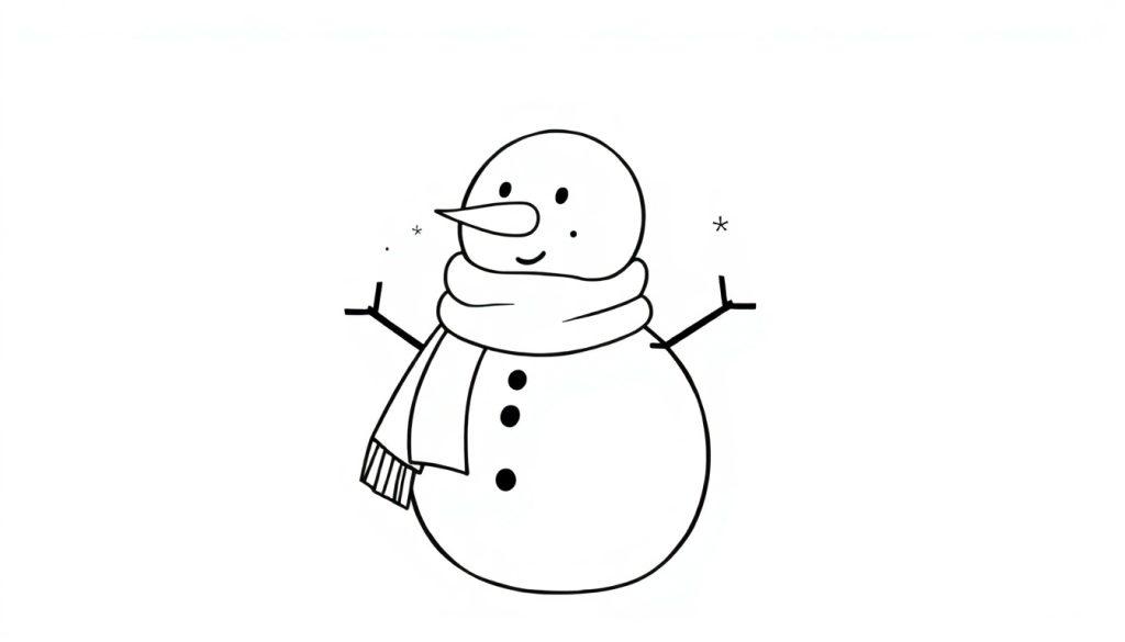 Schwarz-weiße Farbtafel eines lächelnden Schneemanns mit Karottennase, Schal und Zweigarmen.