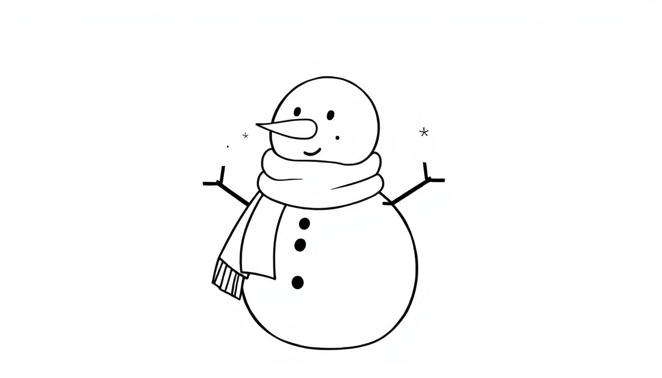 Schwarz-weiße Farbtafel eines lächelnden Schneemanns mit Karottennase, Schal und Zweigarmen.