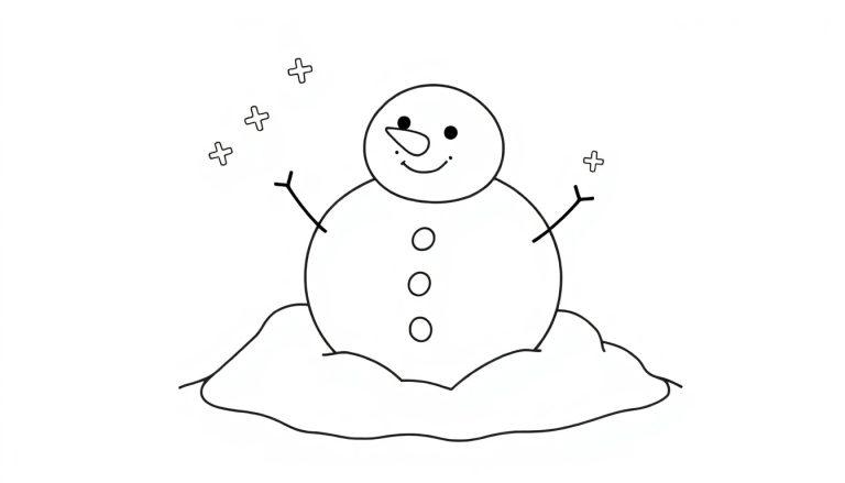 Eine Schwarz-Weiß-Farbtafel eines einfachen Schneemanns mit Karottennase und Knopfaugen.