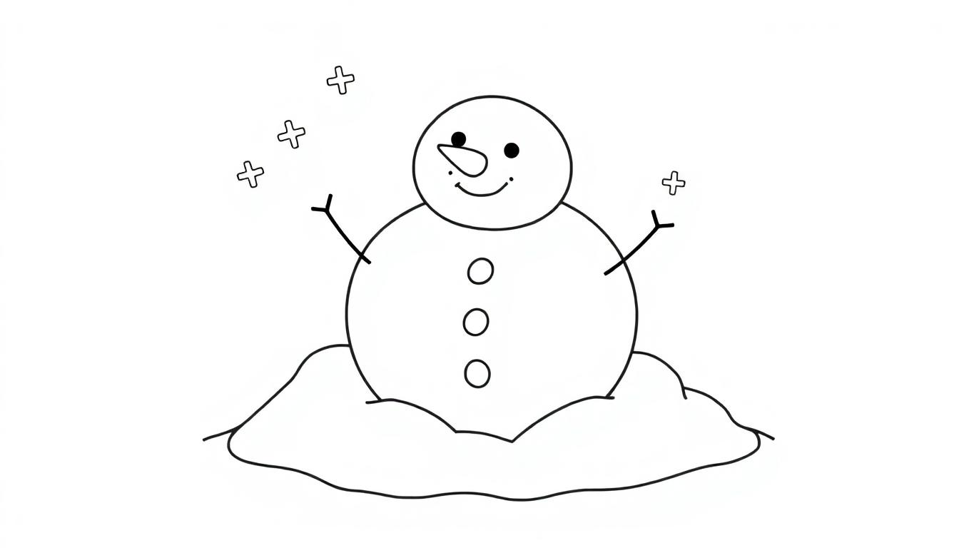 Eine Schwarz-Weiß-Farbtafel eines einfachen Schneemanns mit Karottennase und Knopfaugen.