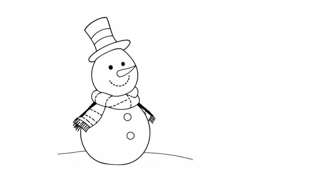 Eine Schwarz-Weiß-Farbtafel eines fröhlichen Schneemanns mit einem Hut mit Krempe, einem Schal mit Quasten, Knopfaugen, einer Möhrennase und einem lächelnden Mund.