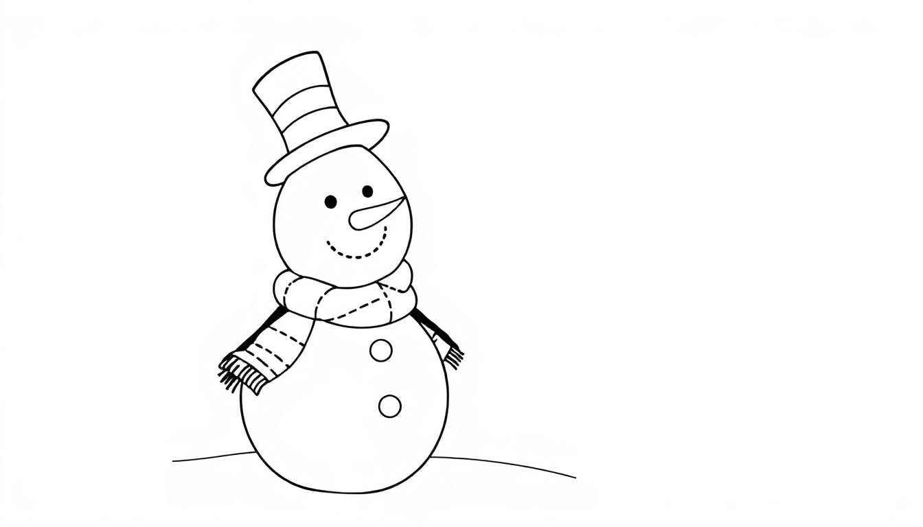 Eine Schwarz-Weiß-Farbtafel eines fröhlichen Schneemanns mit einem Hut mit Krempe, einem Schal mit Quasten, Knopfaugen, einer Möhrennase und einem lächelnden Mund.