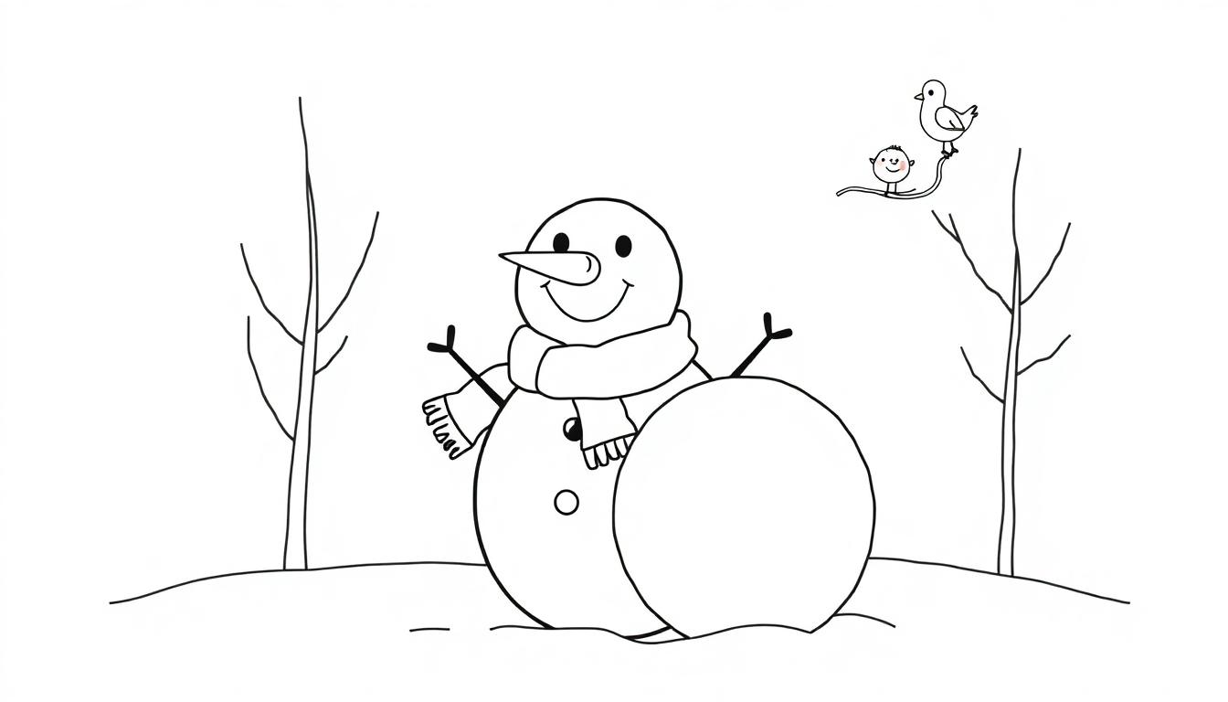 Eine schwarz-weiße Farbtafel-Zeichnung eines freundlichen Schneemanns mit Karottennase und gestreiftem Schal, der in einer verschneiten Landschaft steht, mit kahlen Bäumen und einem Vogel im Hintergrund.