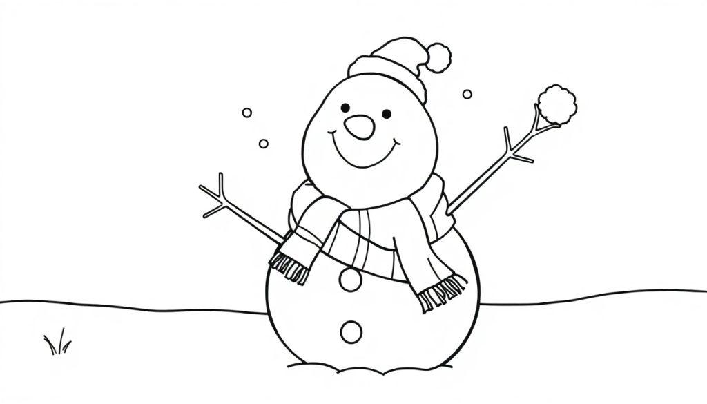 Schwarz-weiße Farbtafel eines niedlichen Schneemanns mit Schal und Mütze, der einen Schneeball hält.