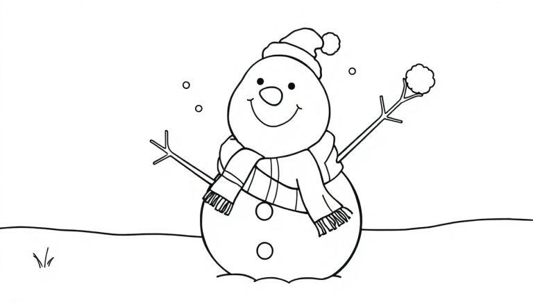 Schwarz-weiße Farbtafel eines niedlichen Schneemanns mit Schal und Mütze, der einen Schneeball hält.