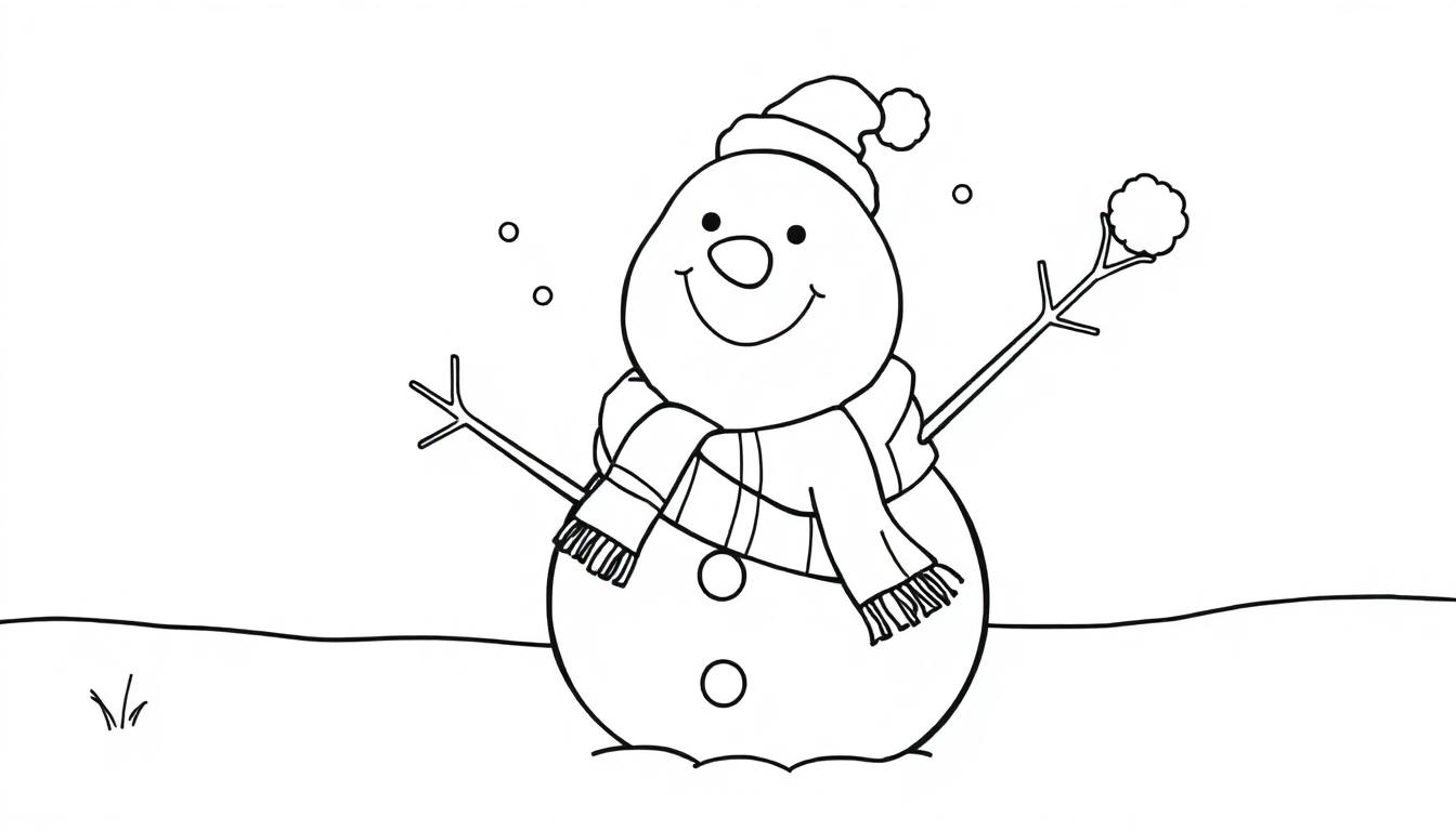 Schwarz-weiße Farbtafel eines niedlichen Schneemanns mit Schal und Mütze, der einen Schneeball hält.