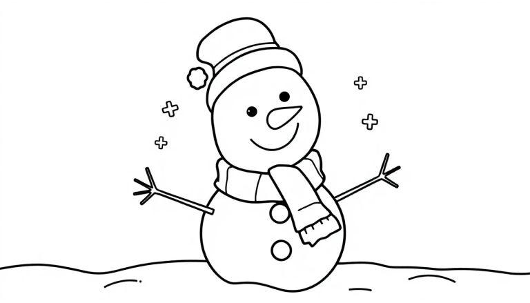 Schwarz-weiße Farbtafel-Ausmalbild eines freundlichen Schneemanns mit Hut und Schal.