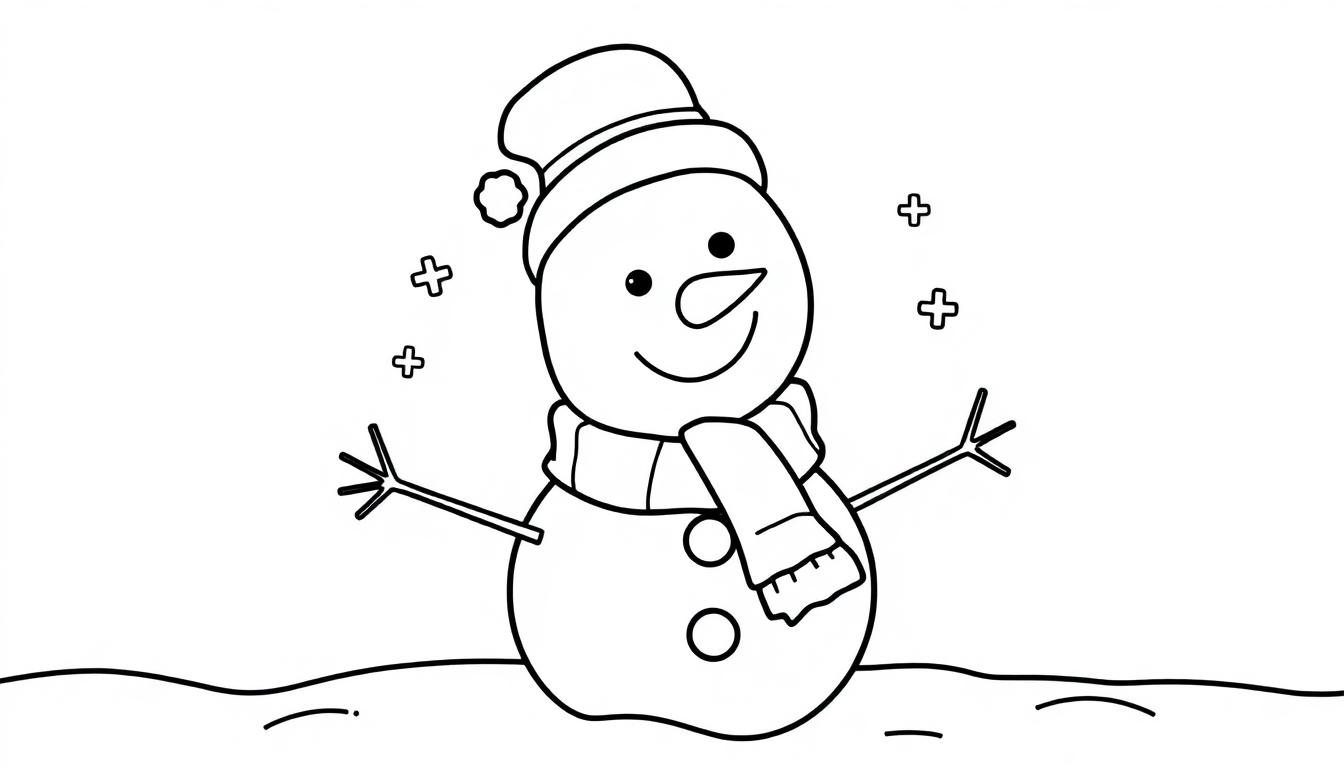 Schwarz-weiße Farbtafel-Ausmalbild eines freundlichen Schneemanns mit Hut und Schal.