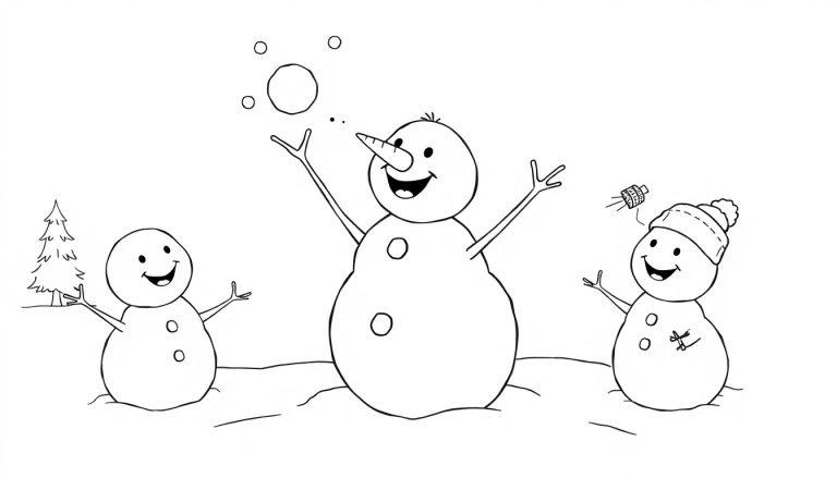 Eine Schwarz-Weiß-Farbtafel mit drei Schneemännern, die eine Schneeballschlacht im Schnee spielen.
