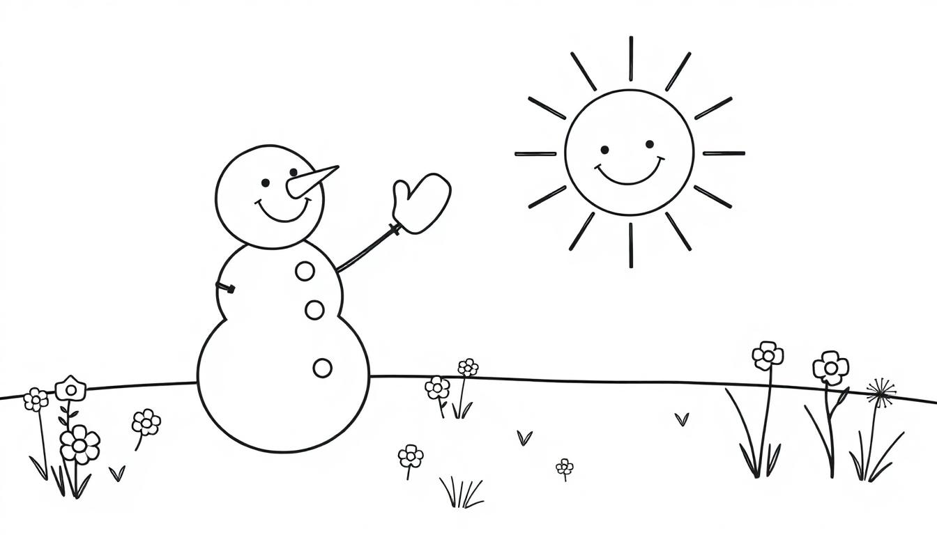 Eine schwarz-weiße Farbtafel-Zeichnung eines Schneemanns, der mit einer lächelnden Sonne und blühenden Blumen Freundschaft schließt.