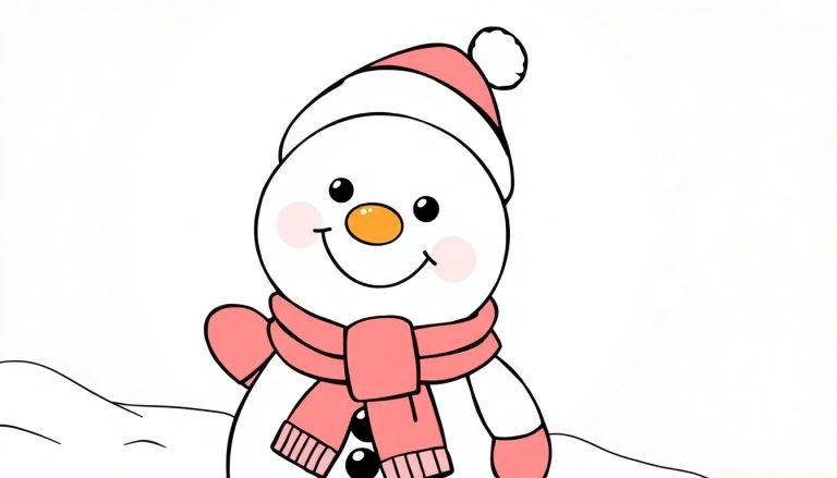 Ein niedlicher Schneemann mit Karottennase und Knopfaugen zum Ausmalen, bereit für eine Farbtafel.