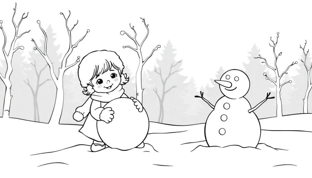 Schwarz-Weiß-Farbtafel: Ein junges Mädchen mit lockigem Haar baut einen Schneemann im verschneiten Wald. Sie trägt einen Mantel und Schal und hält einen großen Schneeball. Der Schneemann hat eine Karottennase und Knöpfe. Bäume sind im Hintergrund zu sehen.
