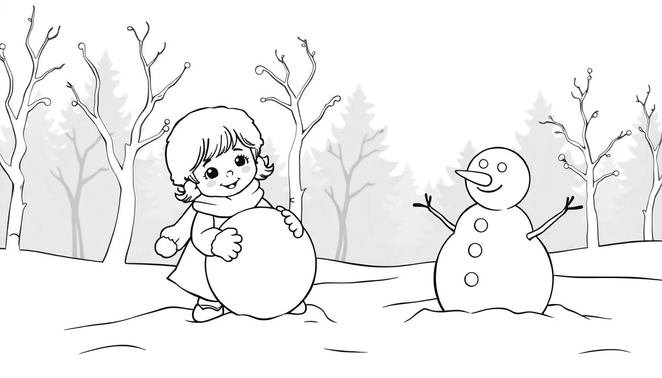 Schwarz-Weiß-Farbtafel: Ein junges Mädchen mit lockigem Haar baut einen Schneemann im verschneiten Wald. Sie trägt einen Mantel und Schal und hält einen großen Schneeball. Der Schneemann hat eine Karottennase und Knöpfe. Bäume sind im Hintergrund zu sehen.