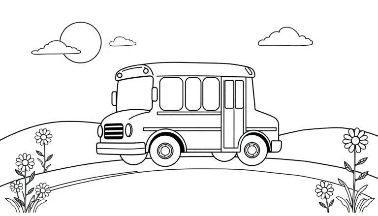 Schwarz-weiße Farbtafel-Zeichnung eines fröhlichen Schulbusses, der auf einer kurvenreichen Straße durch eine hügelige Landschaft fährt, mit Blumen am Straßenrand und einer Sonne mit Wolken am Himmel.