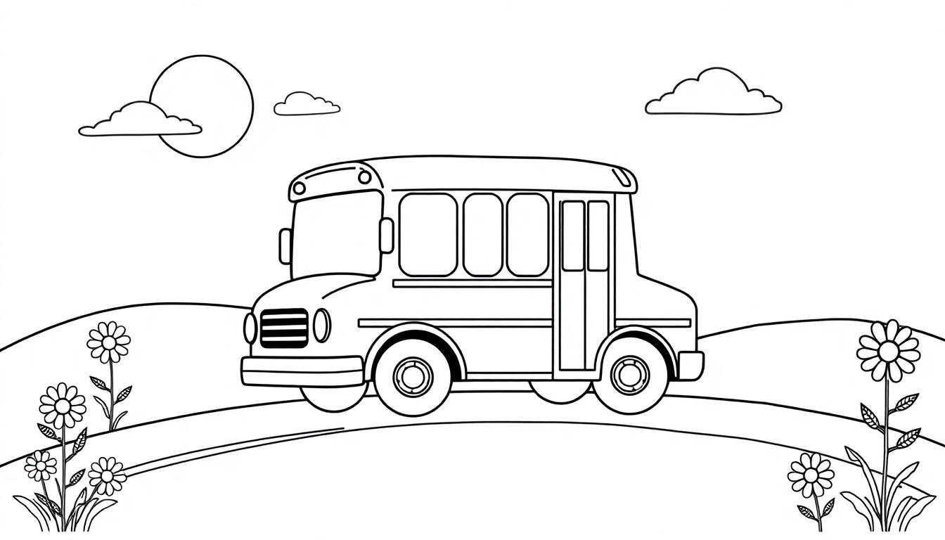 Schwarz-weiße Farbtafel-Zeichnung eines fröhlichen Schulbusses, der auf einer kurvenreichen Straße durch eine hügelige Landschaft fährt, mit Blumen am Straßenrand und einer Sonne mit Wolken am Himmel.