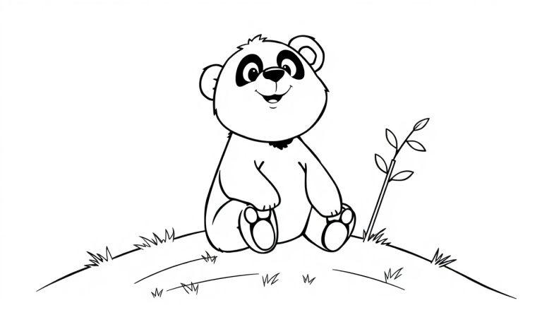 Eine süße Schwarz-Weiß-Farbtafel-Zeichnung eines Cartoon-Pandabären, der auf einem grasbewachsenen Hügel sitzt und lächelt.