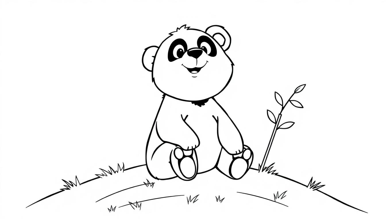 Eine süße Schwarz-Weiß-Farbtafel-Zeichnung eines Cartoon-Pandabären, der auf einem grasbewachsenen Hügel sitzt und lächelt.