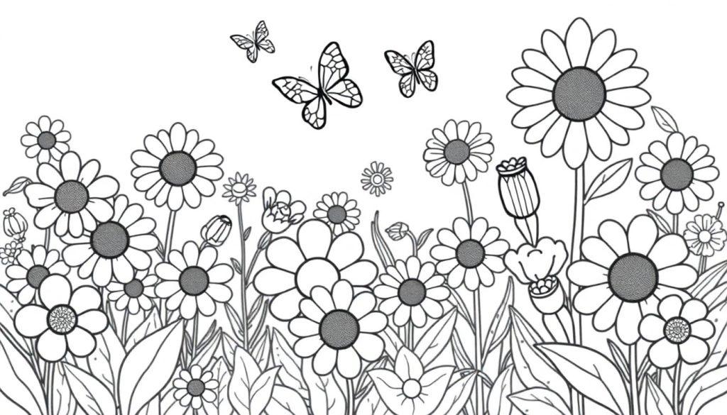 Schwarz-weiße Farbtafel eines Blumenfeldes mit Gänseblümchen und Schmetterlingen.