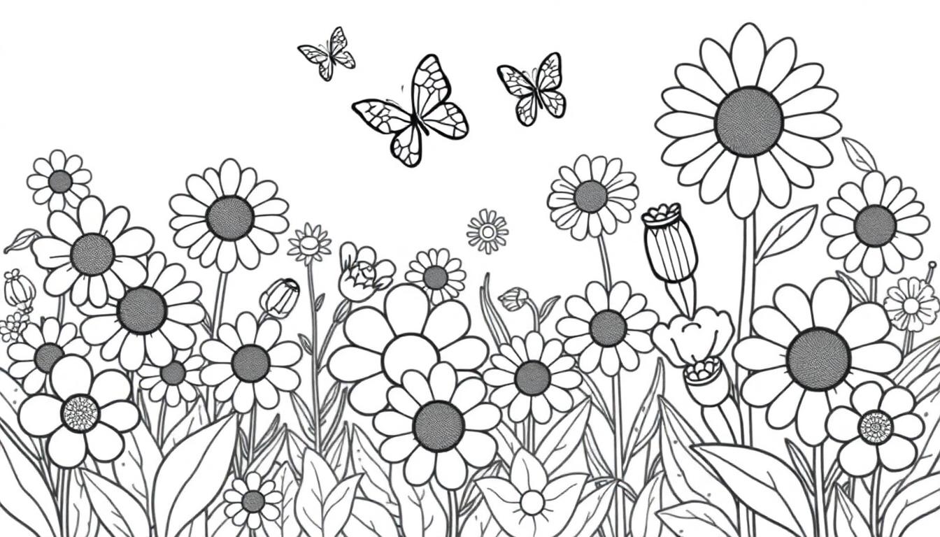 Schwarz-weiße Farbtafel eines Blumenfeldes mit Gänseblümchen und Schmetterlingen.